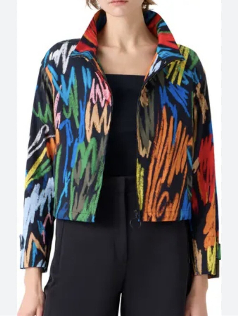 Akris Punto Scribble Print Black Multi color Cotton Jacket Size 6 Stand Collar